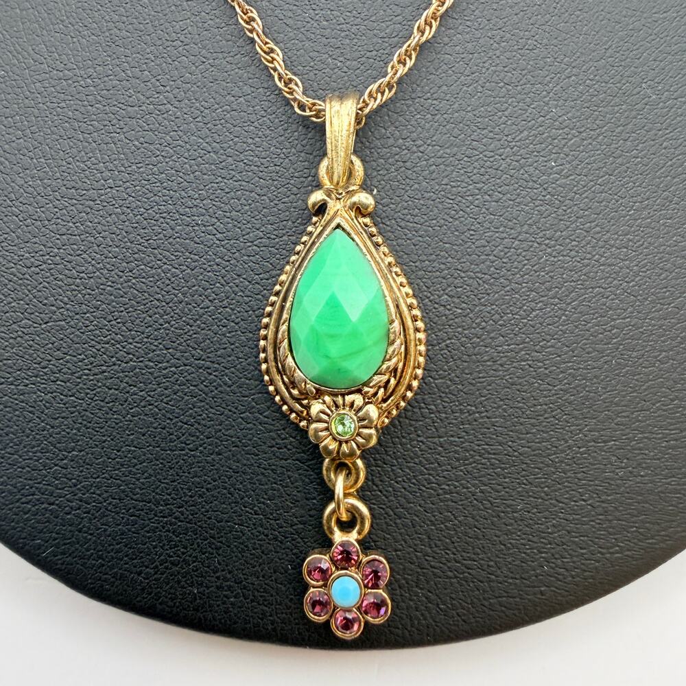 Vtg 1928 Y-Drop Victorian Blue Green Teardrop Pendant Necklace Crystal Daisy 16"